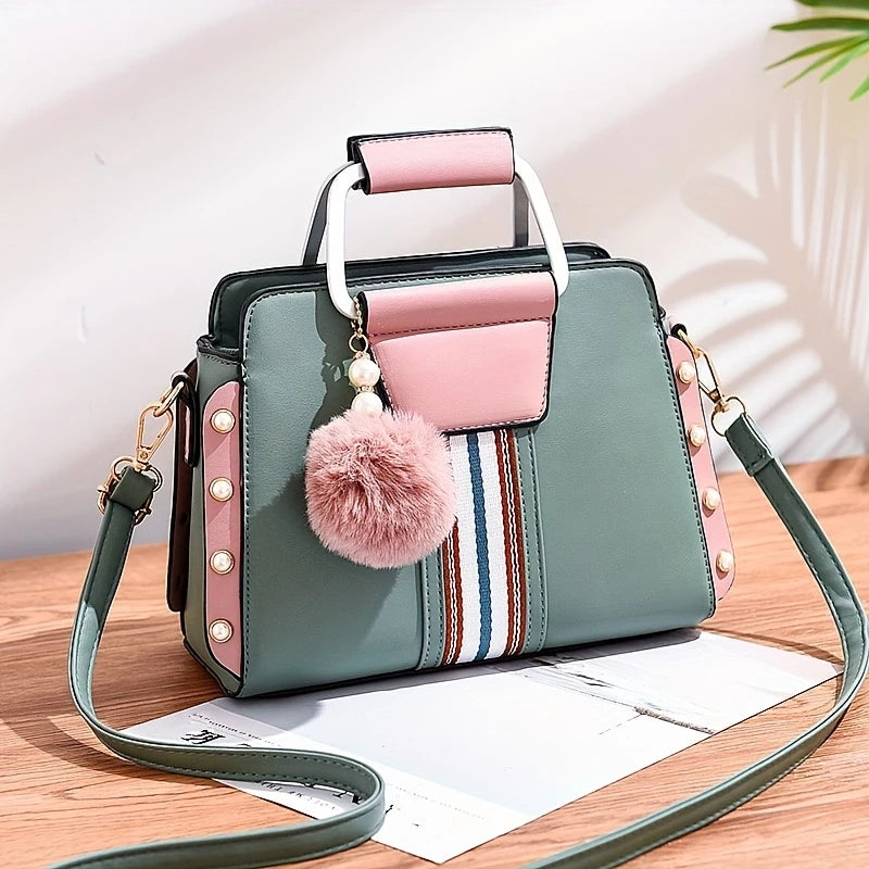 Stylish Colorblock Satchel Bag with Fun Pom Pom Accent