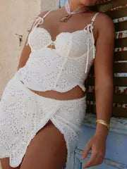 Women Sexy Elegant Ruffle Mesh 2pcs Skirt Sets Y2K Floral Tie-up Camisole Bustier Crop Tops