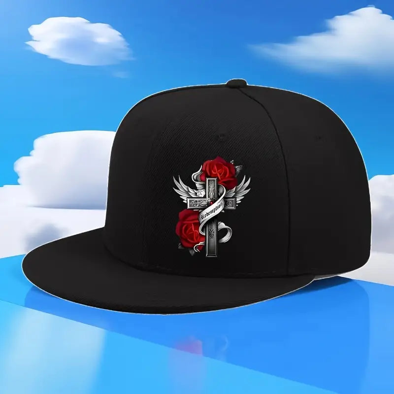 Flat-Brim Hip-Hop Cap with Red Rose Cross Design