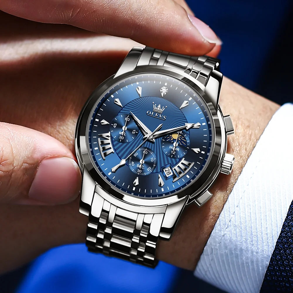 OLEVS Watches for Men, Mens Watches Quartz Silver Stainless Steel Waterproof Luminous Business Calendar Wrist Watch reloj para hombre Blue Dial