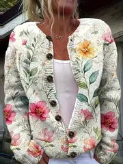 Vibrant All-Over Floral Print, Button Front Placket & Sleeve Details, Round Neck Long Sleeve Casual Sweater