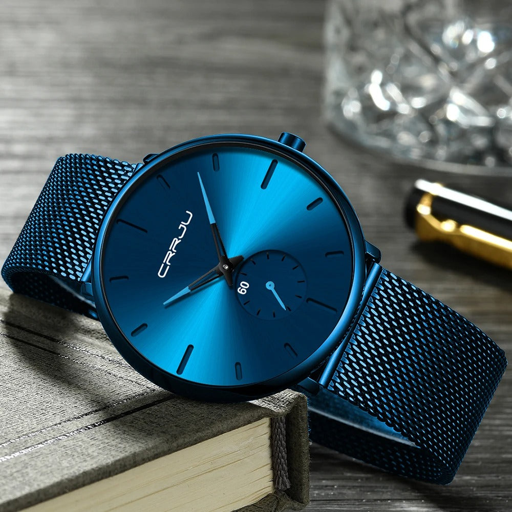 Men's Fashion Stainless Steel Blue Thin Watch