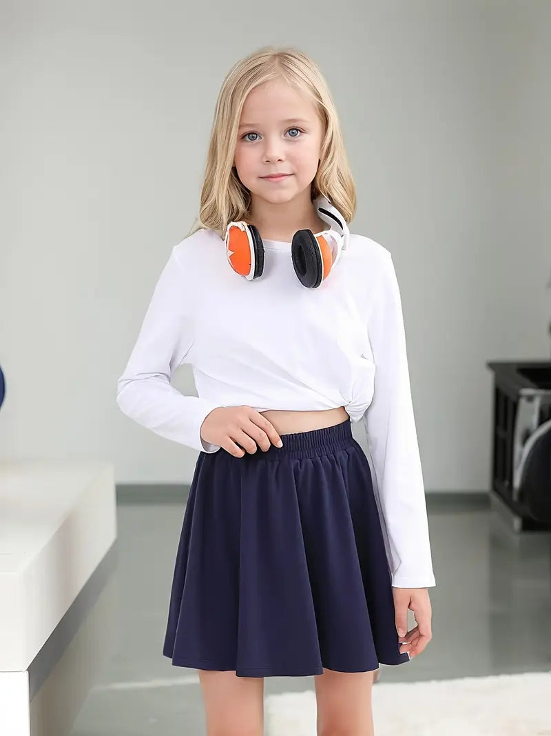 Girls' Navy Blue Casual Skirt with Elastic Waist