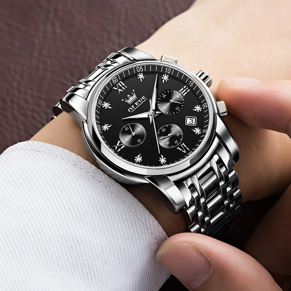 OLEVS Watches for Men, Mens Watches Gifts for Men Chronograph Analog Quartz Luxury Casual Classic Diamond Waterproof Luminous Stainless Steel Reloj para Hombre Black Dial