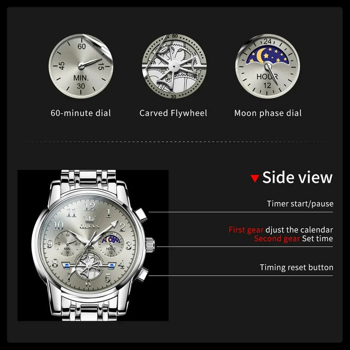 Luxury Casual Analog Moon Phase Flywheel Quartz Watches For Men
