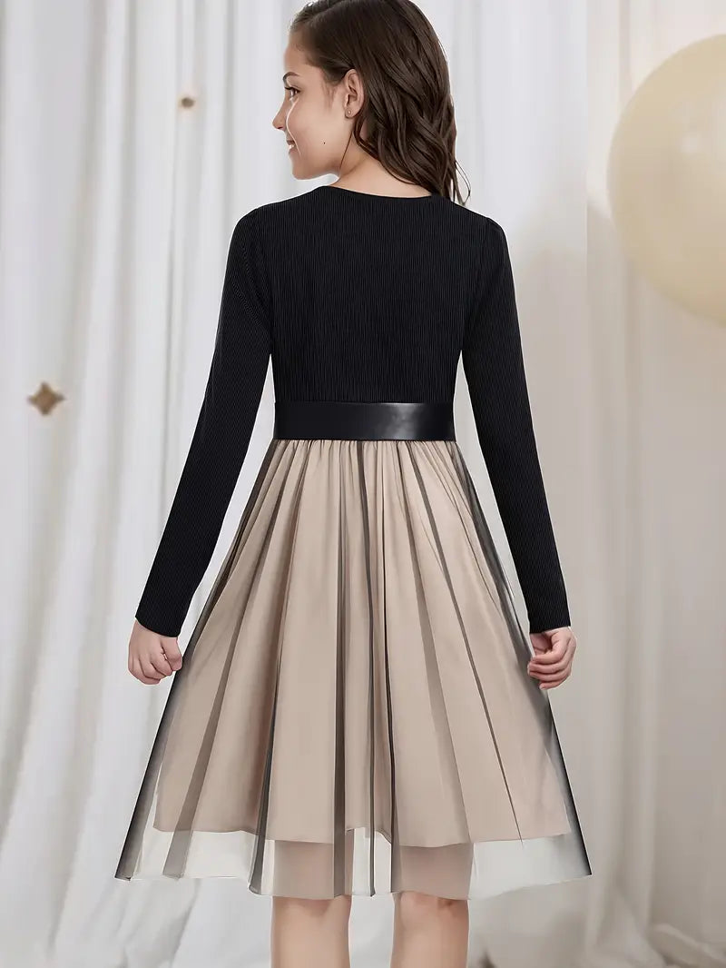 Elegant Girls' Color Block Mesh Panel Party Dress with Belt