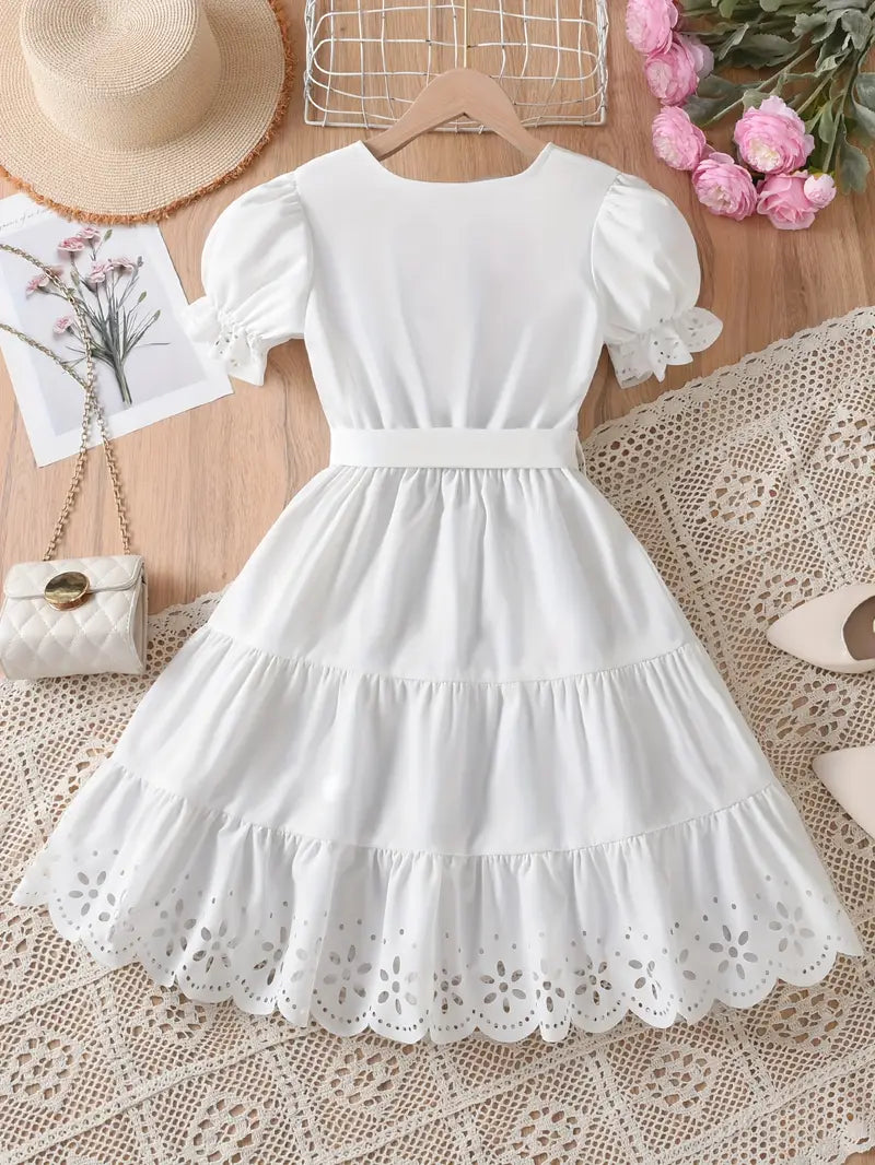 Girls' Elegant Square Neck Bubble Sleeve Lace Trim Princess Dress