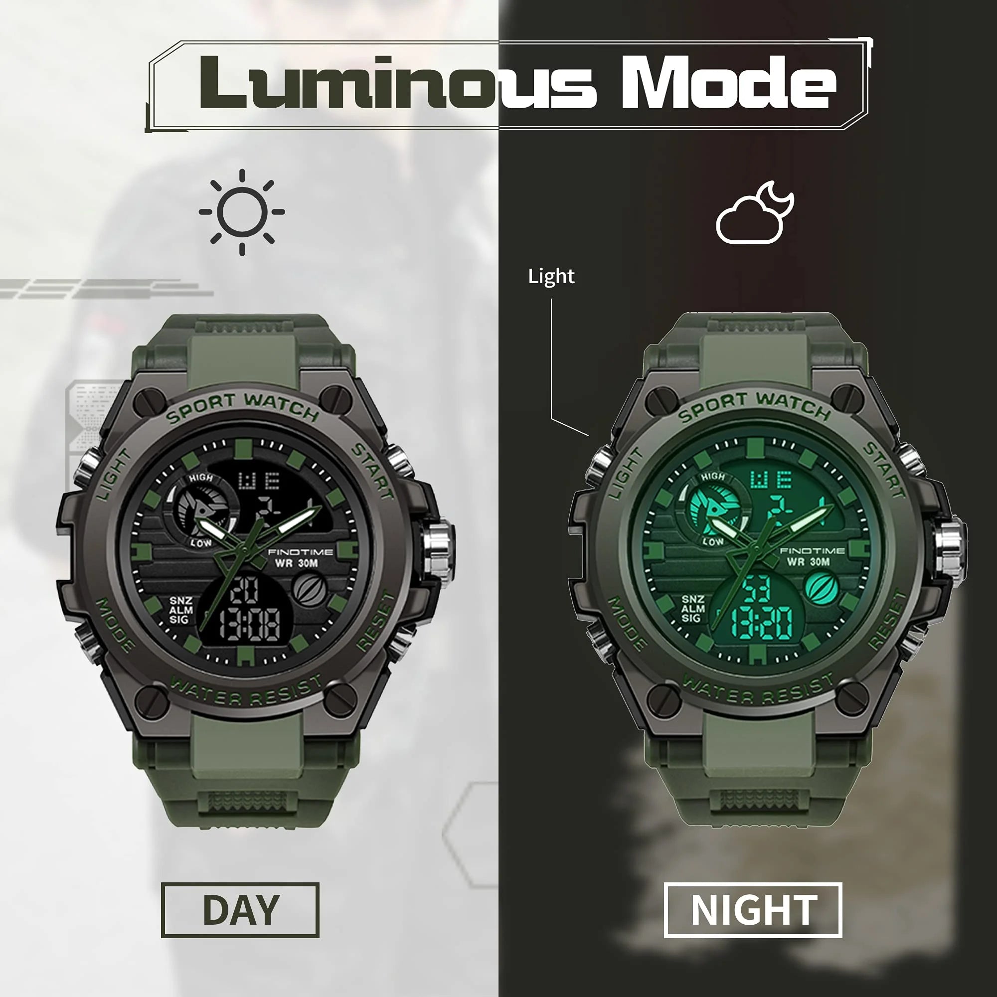Findtime Men's Military Watch Outdoor Sports Electronic Watch Tactical Army Wristwatch LED Stopwatch Waterproof Digital Analog Watches