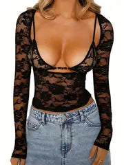 Women Y2k Lace Long Sleeve Top Sexy Sheer Mesh Low Cut Slim Fit Shirts See Through Going Out Crop Tops