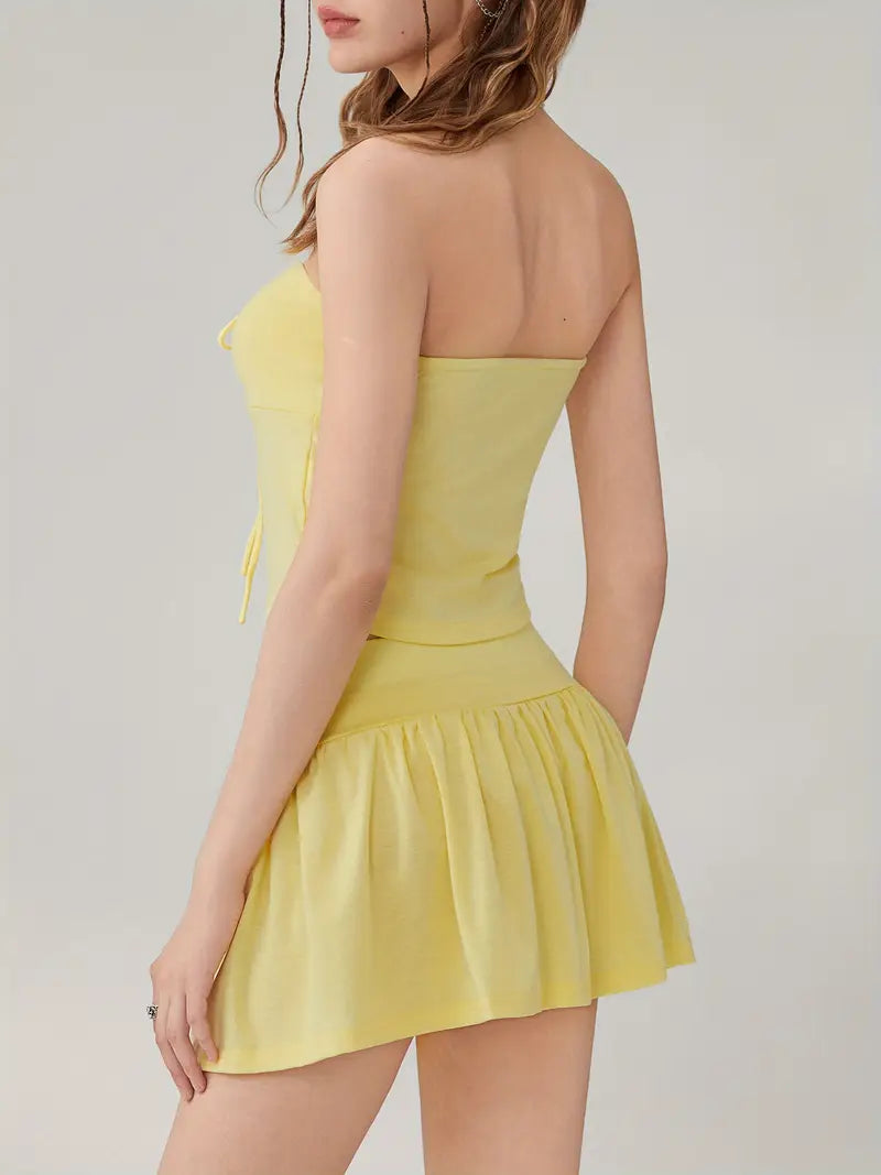 omen Skirt Set, Tie-up Sleeveless Tube Top with Pleated