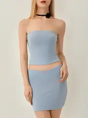 Women 2pcs Outfits, Low-Cut Strapless Plain Color Crop Tops,
