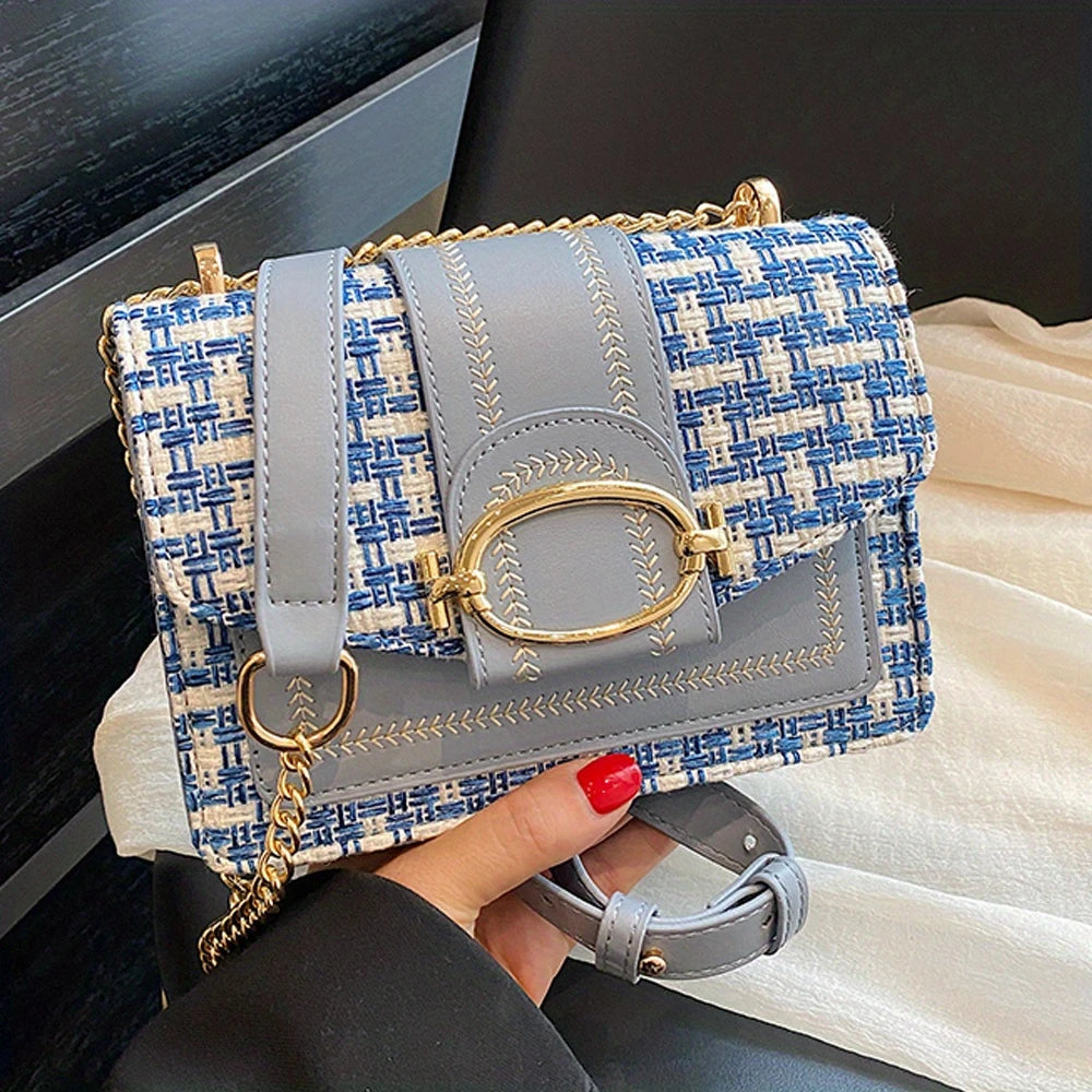 Chic Women's Mini Plaid Tweed Crossbody Bag with Chain Strap