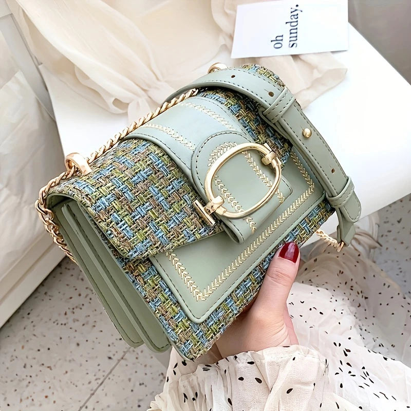 Chic Women's Mini Plaid Tweed Crossbody Bag with Chain Strap
