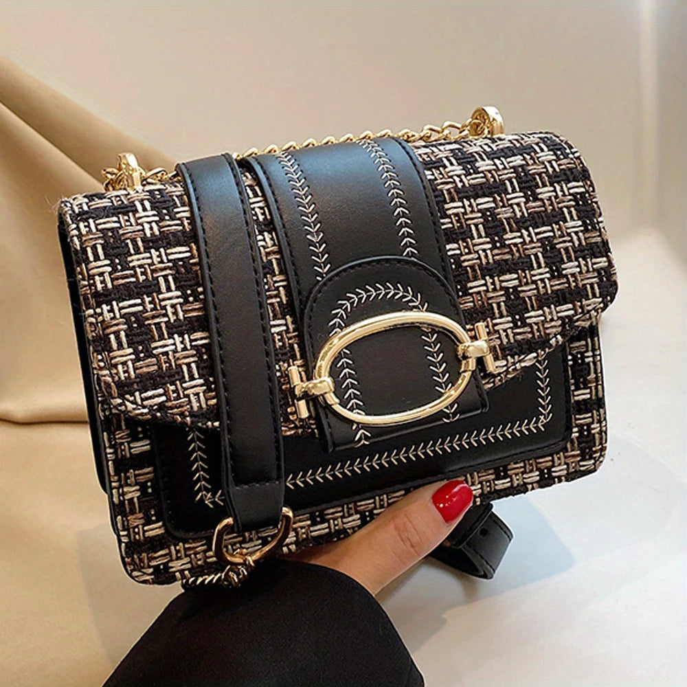 Chic Women's Mini Plaid Tweed Crossbody Bag with Chain Strap
