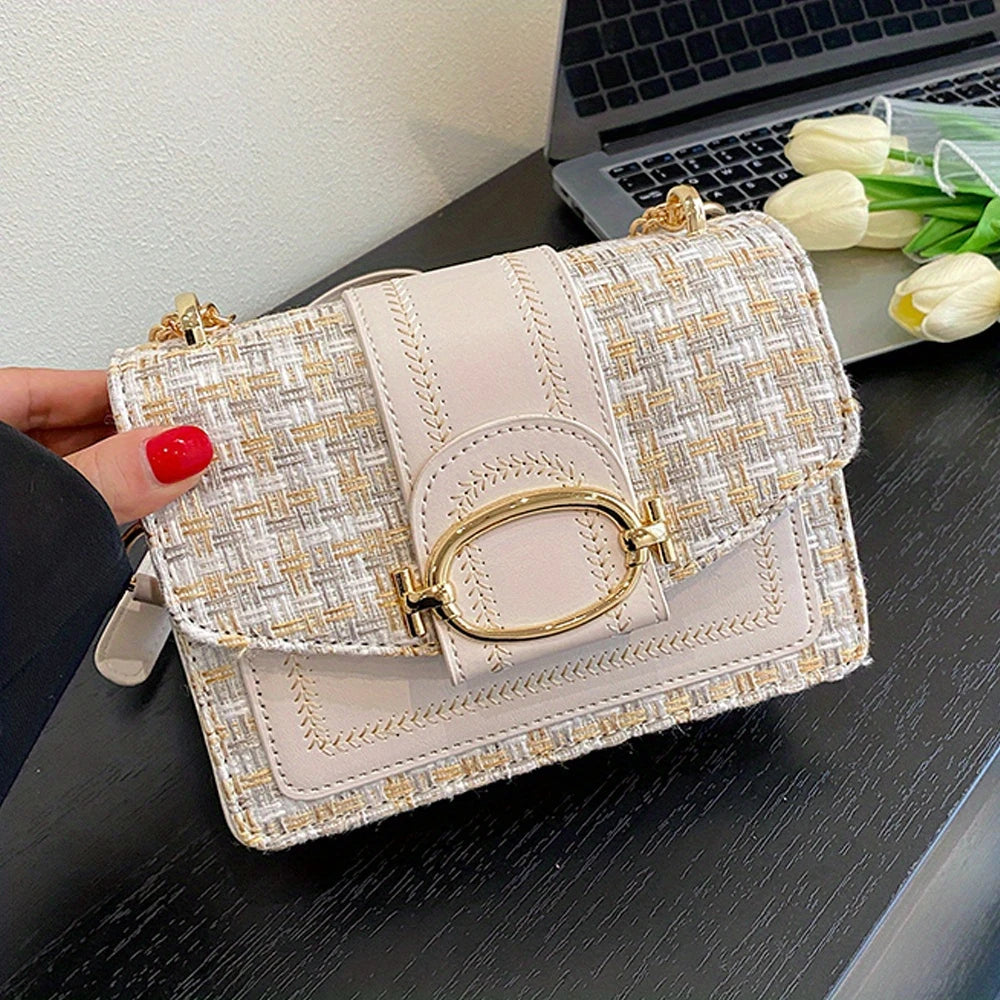 Chic Women's Mini Plaid Tweed Crossbody Bag with Chain Strap