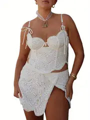 Women Sexy Elegant Ruffle Mesh 2pcs Skirt Sets Y2K Floral Tie-up Camisole Bustier Crop Tops