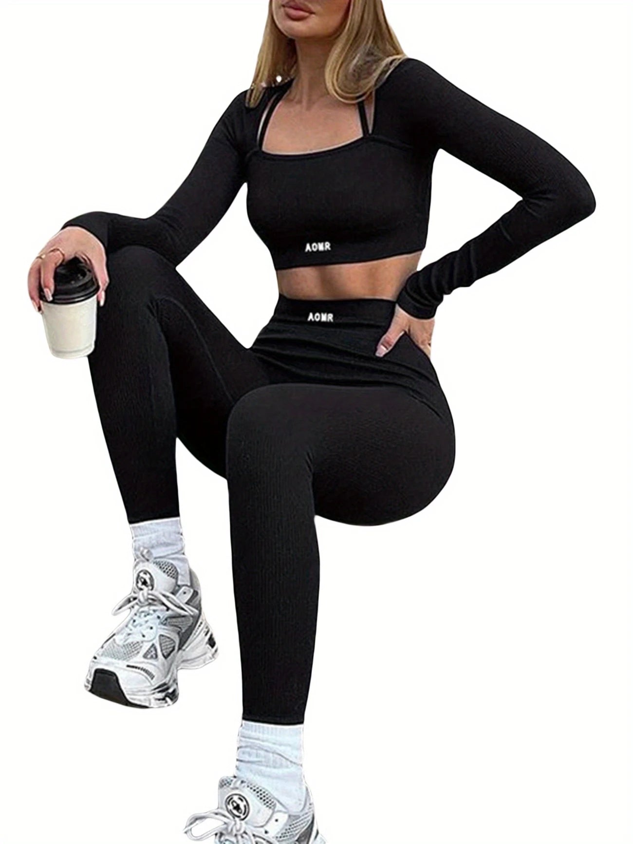 Women's Yoga & Fitness Set  Long Sleeve Crop Top Leggings Activewear