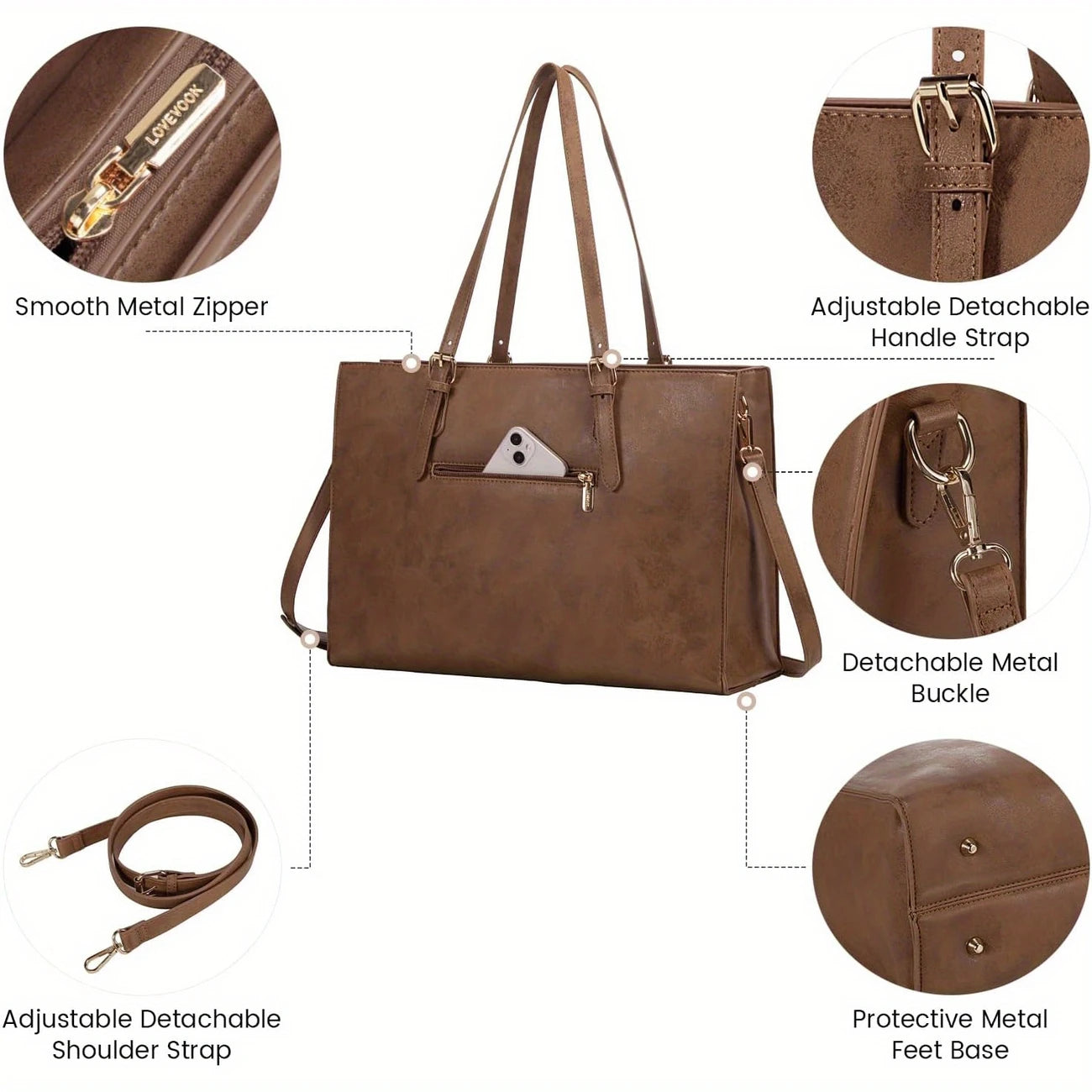 Women, Vintage Faux Leather Works Computer Tote Bag, Professional Business Briefcase for Office Lady, 2pcs