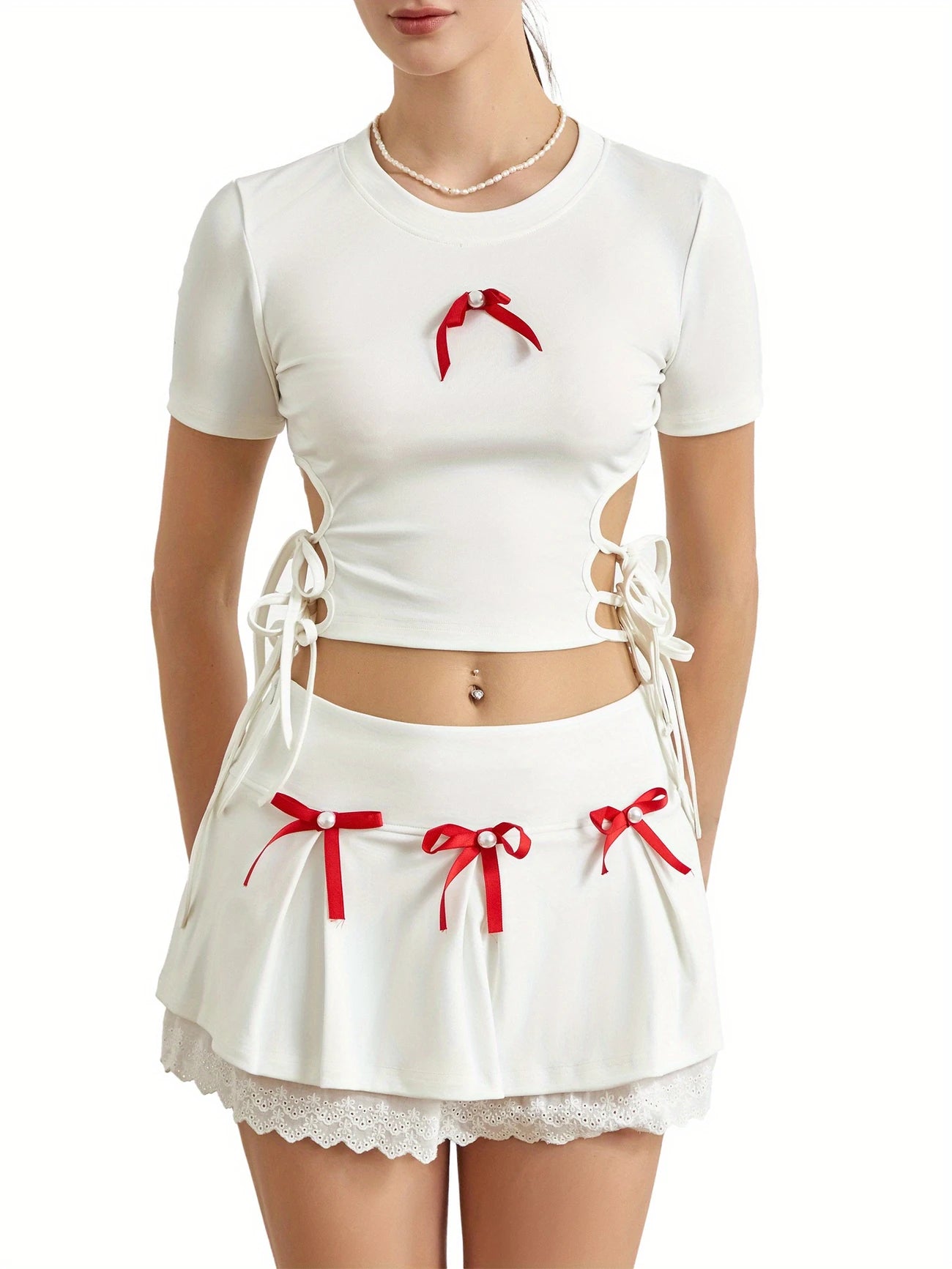 Women 2pcs Outfits Cute Lace Trim Bow Bandage Cutout T-Shirt and Elastic Mini Skirt