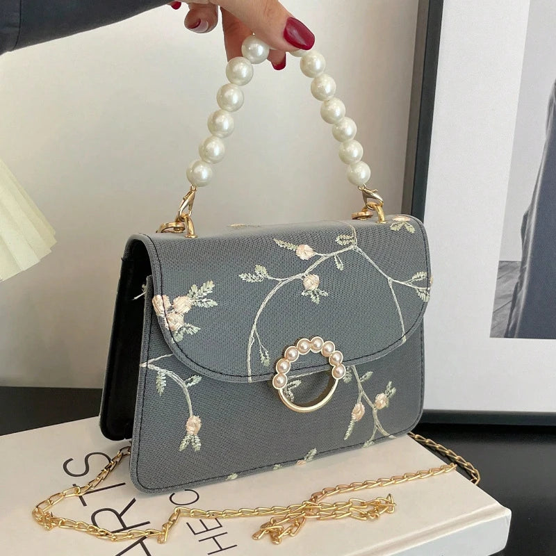 Women's Mini Square Crossbody Bag with Floral Embroidery & Faux Clasp, Golden