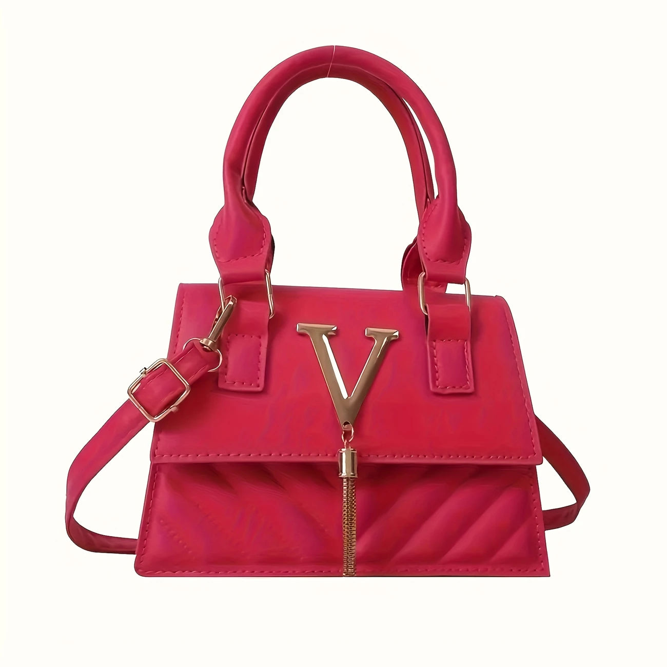 Compact Shoulder Handbag with Golden-Tone V Hardware & Tassel – Everyday Essentials, Commuting, and Gifting