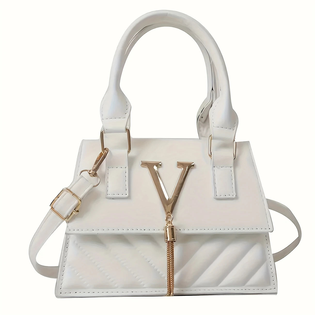 Compact Shoulder Handbag with Golden-Tone V Hardware & Tassel – Everyday Essentials, Commuting, and Gifting