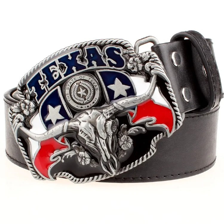 Texas Cowboy Belt with Bull Skull Buckle – 115cm