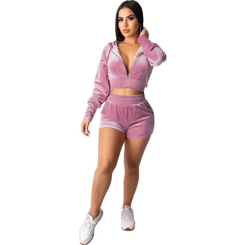 WomenCasual Cropped Top And Pants Two-pieces Velvet Set