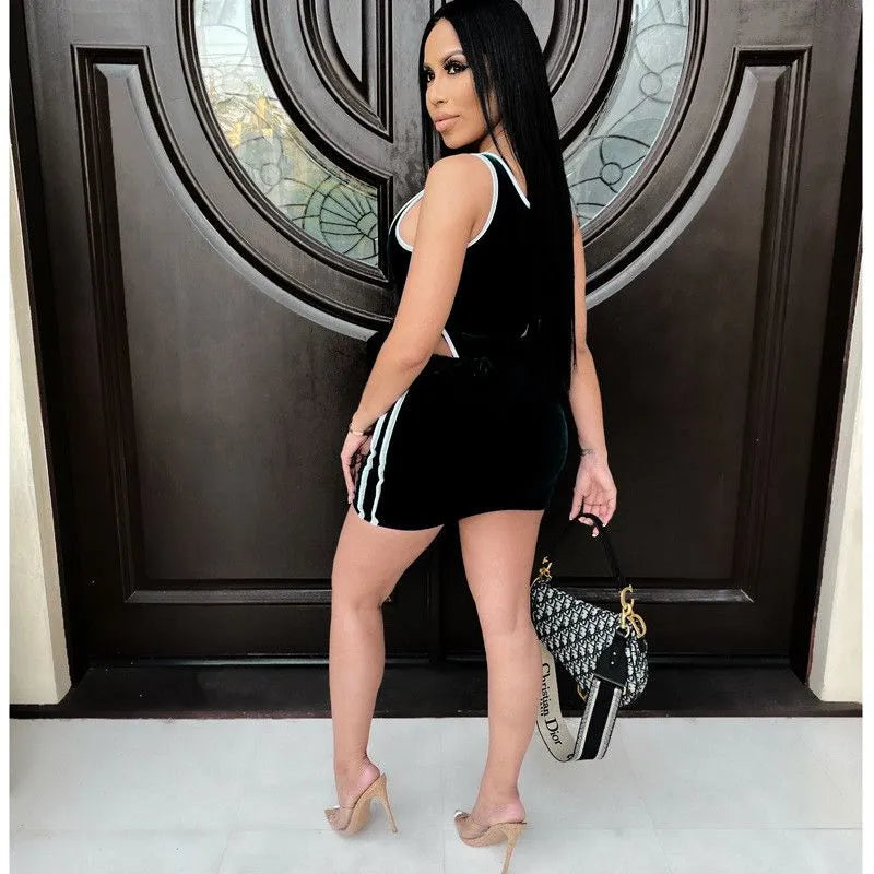 Women Velvet Hollow Out Top And Tight Skirt Two-pieces Set