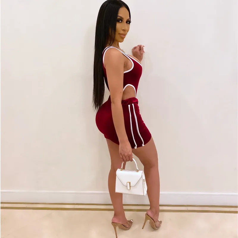 Women Velvet Hollow Out Top And Tight Skirt Two-pieces Set