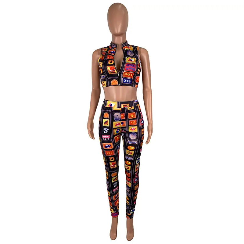 Sexy Graphic Print Zipper Sleeveless Top And Tight Pants Two-piece Sets