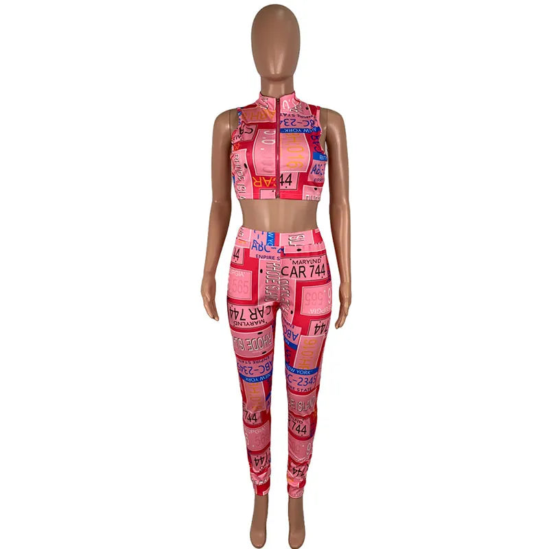 Sexy Graphic Print Zipper Sleeveless Top And Tight Pants Two-piece Sets