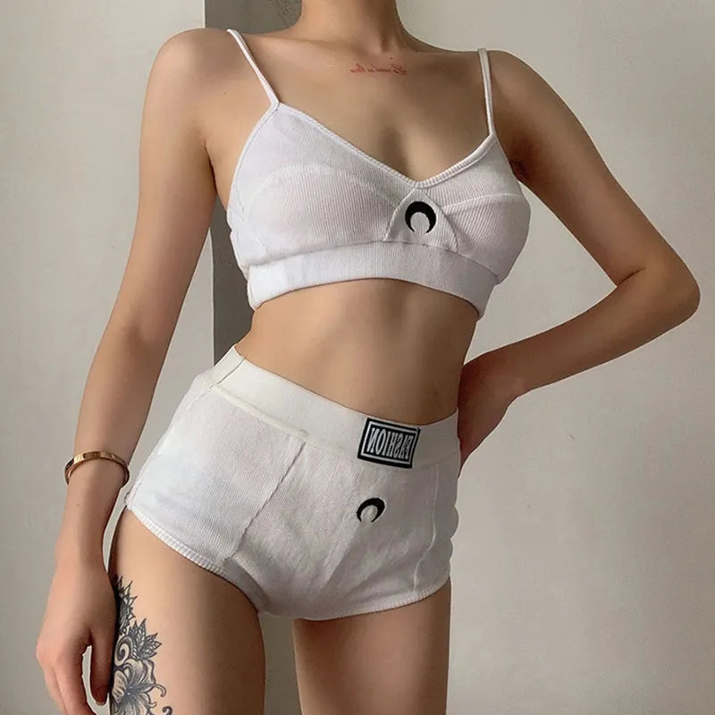 Fashion Moon Embroidered Sling Top And Casual Letter print Shorts Two-piece Sets