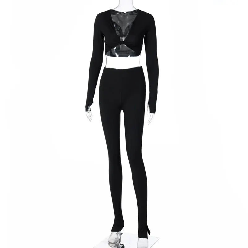 Women Fashion Solid Color Knotted Crop Top And Pants Two Piece Set
