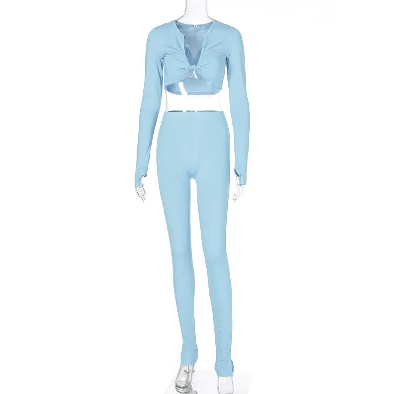 Women Fashion Solid Color Knotted Crop Top And Pants Two Piece Set
