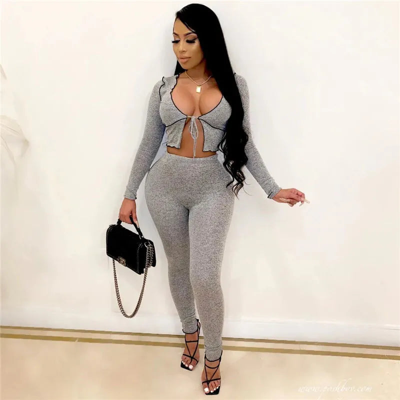 Women Sexy Solid Color Long Sleeve Crop Top And Pants Two Piece Set