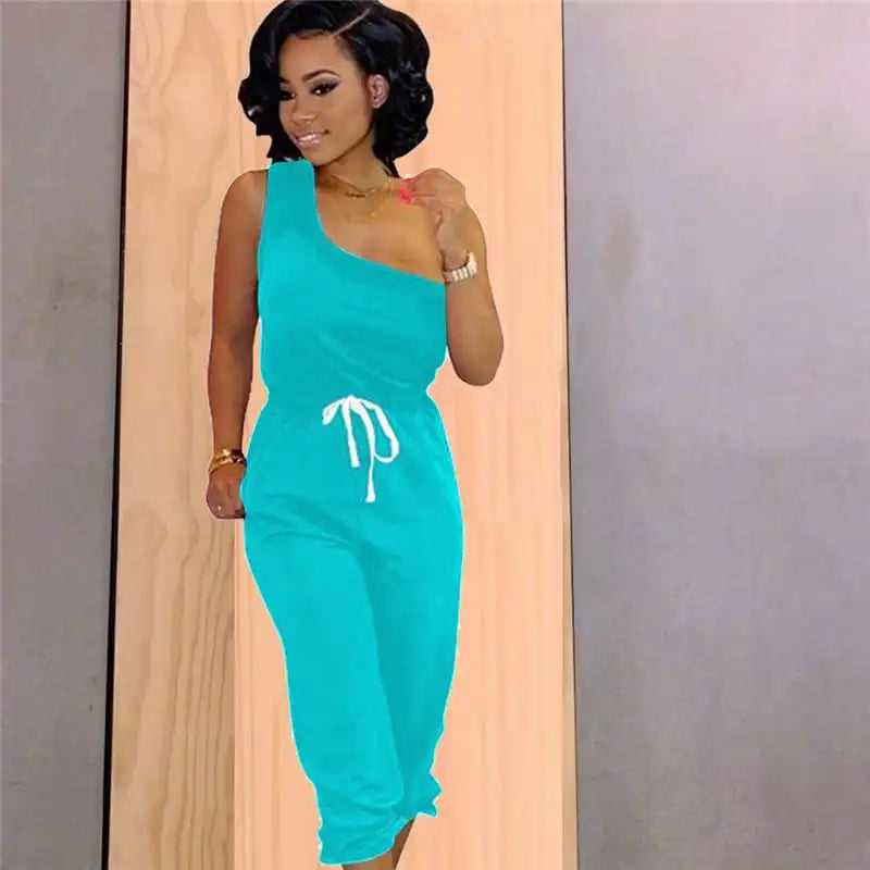 Women Fashion Solid Color Oblique Shoulder Top And Pants Two Pieces Set