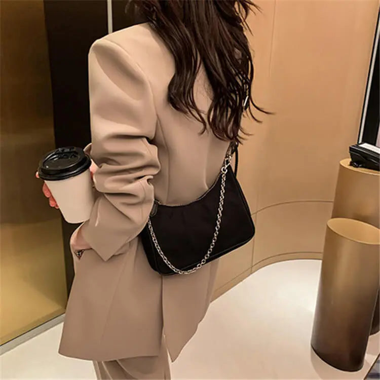 Women Retro Solid Color Chain Nylon Shoulder Bag