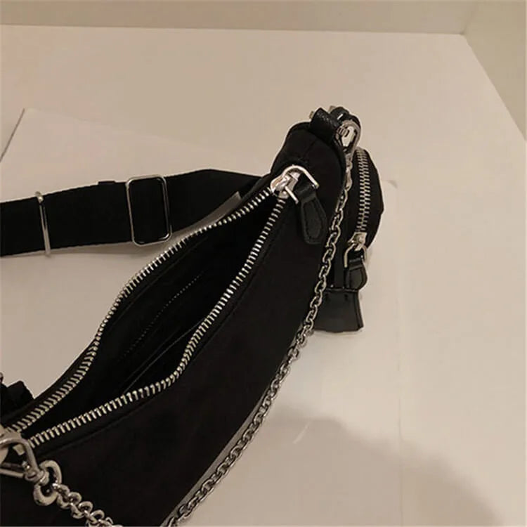 Women Retro Solid Color Chain Nylon Shoulder Bag