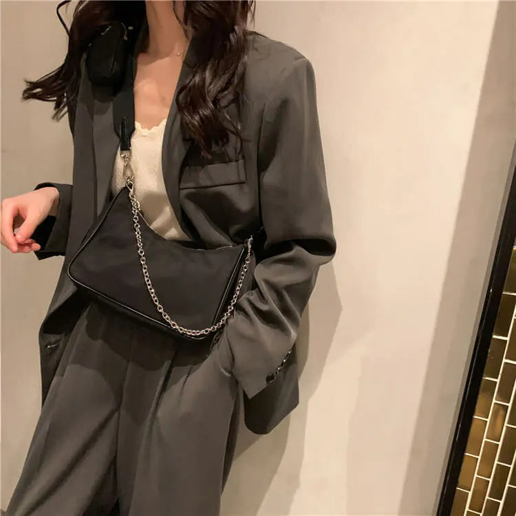 Women Retro Solid Color Chain Nylon Shoulder Bag