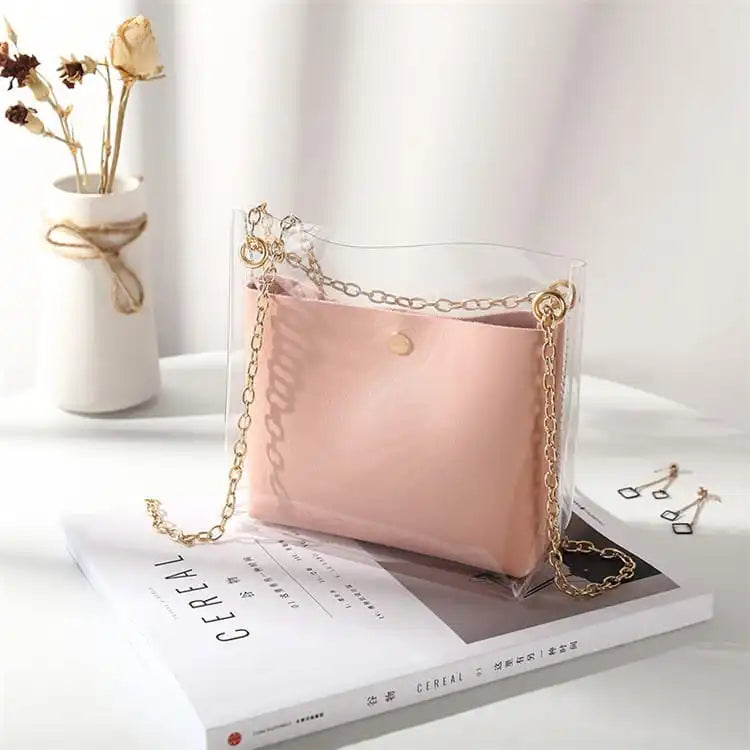 Women Fashion Transparent Clear PVC Metal Chain Shoulder Bag