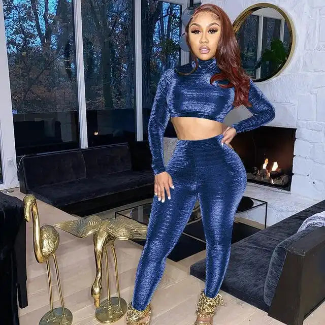 Women Fashion Solid Color Turtle Neck Crop Top And Pants Two Pieces Set