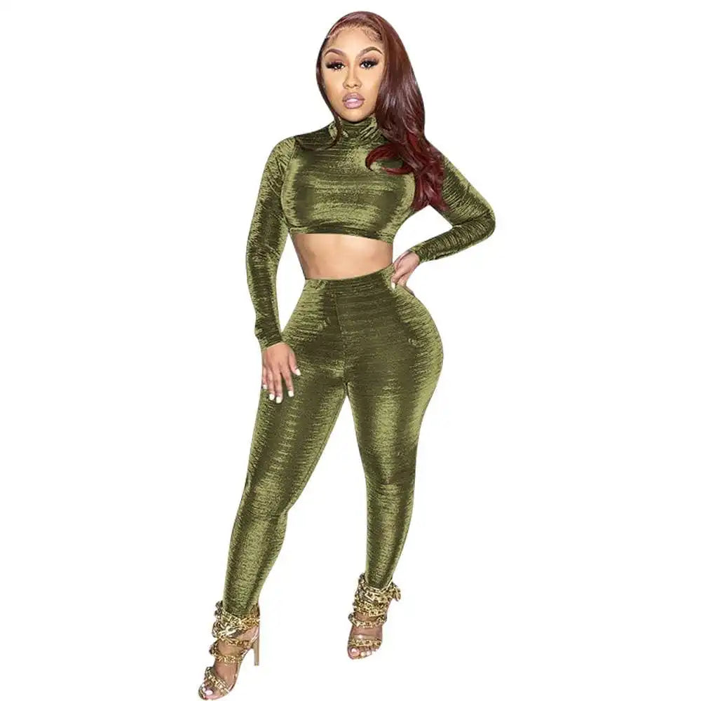 Women Fashion Solid Color Turtle Neck Crop Top And Pants Two Pieces Set