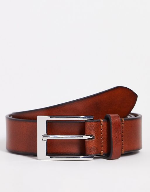 Asos Design Smart Leather Belt With Burnished Edge In Brown