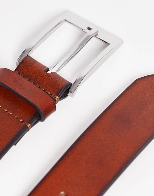 Asos Design Smart Leather Belt With Burnished Edge In Brown