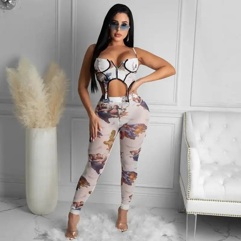 S-L Women Fashion Graphic Printing Irregular Hem Top And Pants Two Pieces Set