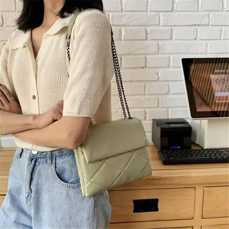 Women Solid Color Stitching Soft Chain Shoulder Bag