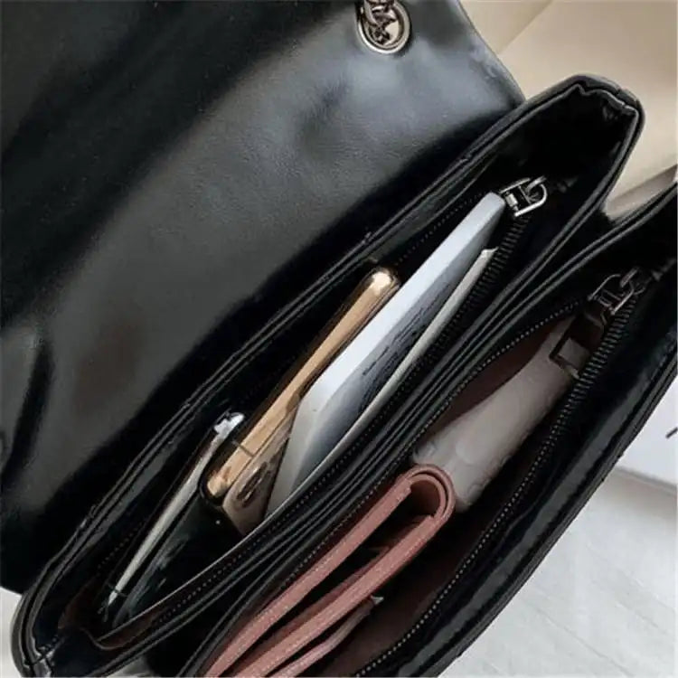 Women Solid Color Stitching Soft Chain Shoulder Bag