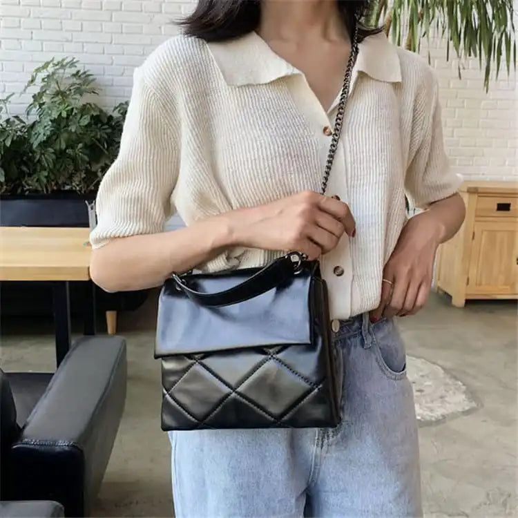 Women Solid Color Stitching Soft Chain Shoulder Bag