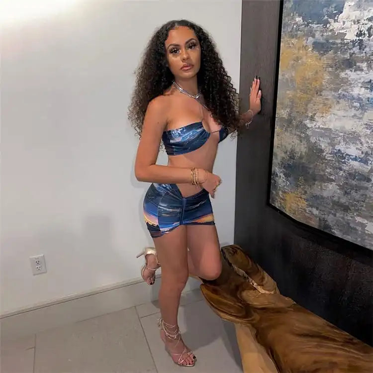 S-L Women Sexy Color Blocking Halter Top And Mini Skirt Two Pieces Set